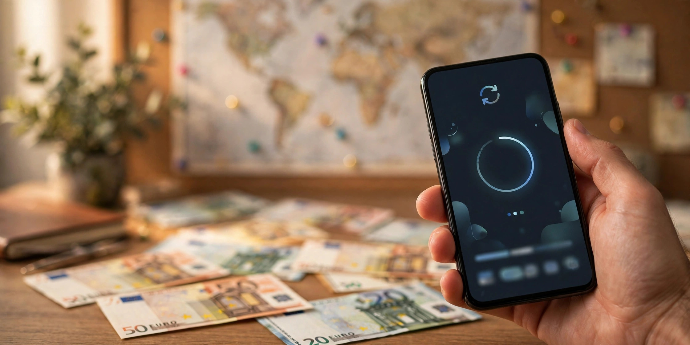 Person sending money on a phone with euro notes — cheapest money transfer services in Europe